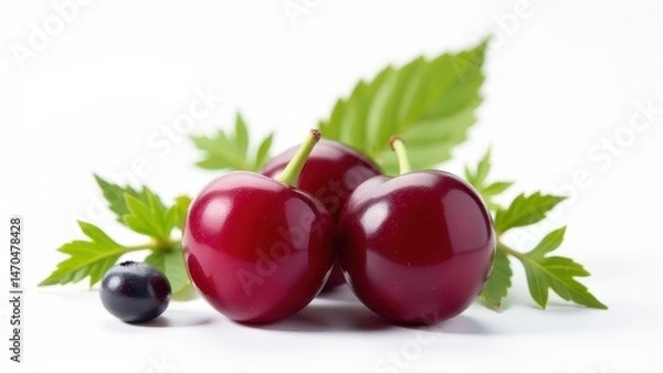 Fototapeta Three ripe red cherries and a small black currant are artfully arranged with fresh green leaves on a white background