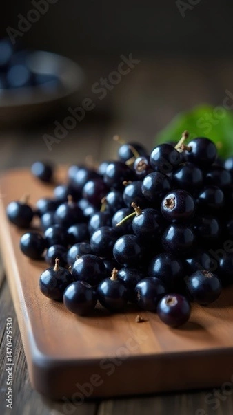 Fototapeta A close-up of ripe, glossy blackcurrants on a rustic wooden plate with leaves, highlighting their fresh and natural appeal