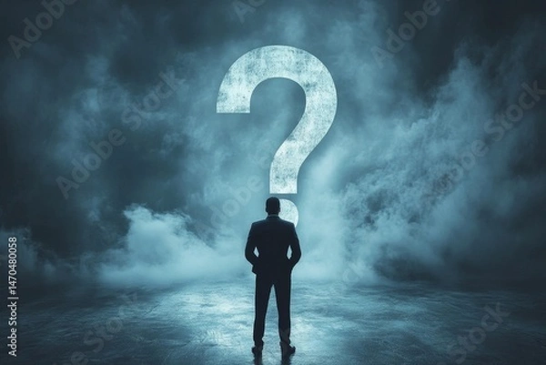 Fototapeta Ask yourself a question, process for self improvement, personal development, problem solving or review and evaluation concept, curious businessman asking himself for answer with big question