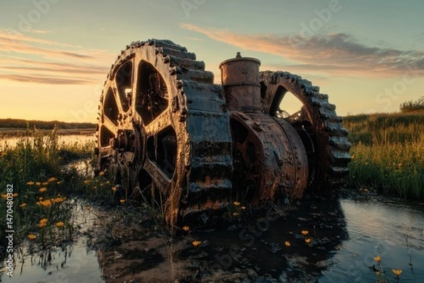 Fototapeta Rusty relic of a bygone era, half-submerged in a tranquil wetland at sunset.