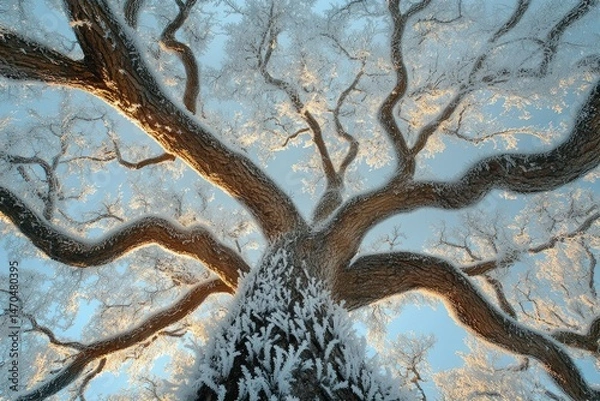Fototapeta A majestic frost-covered oak tree reaches towards a clear winter sky, its branches adorned with delicate ice crystals.