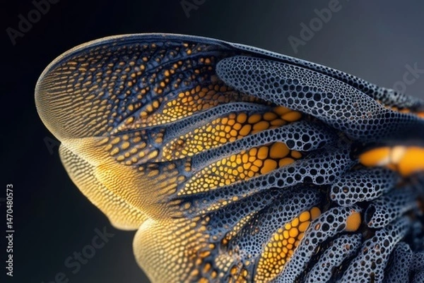 Fototapeta Close-up of intricate insect wing, showcasing vibrant orange and blue patterns with textured surface.