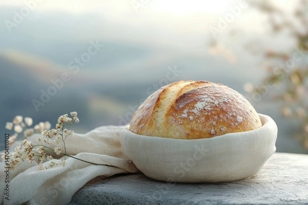 Fototapeta A freshly baked sourdough loaf rests in a linen bowl, outdoors with a blurred mountain backdrop and delicate flowers.