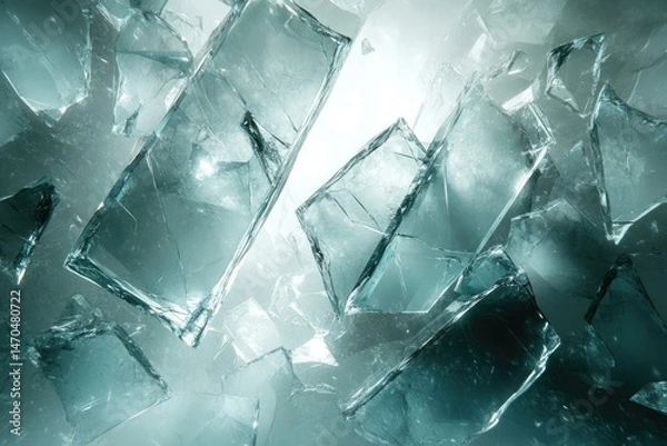Fototapeta Shattered ice shards, translucent and fragmented, scattered against a bright background.