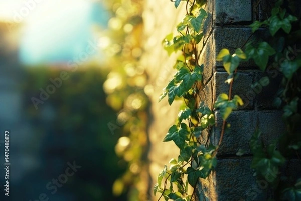 Fototapeta Ivy leaves climbing a brick wall, bathed in warm sunlight, creating a serene, natural scene.