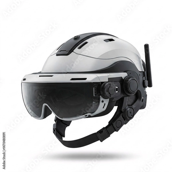 Fototapeta White augmented reality helmet with dark display and antenna is isolated on white