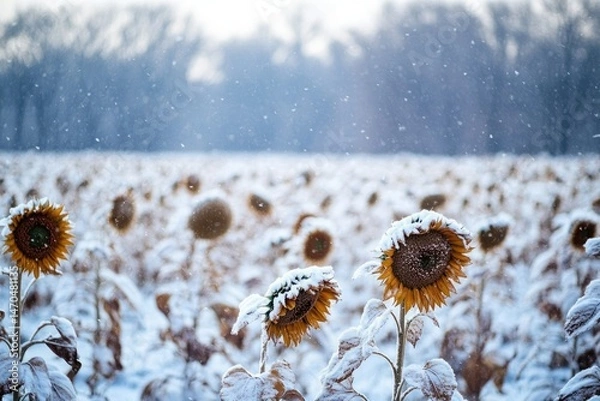 Fototapeta Snow-covered sunflowers stand tall in a winter field, a serene and beautiful winter scene.