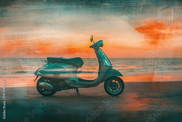 Fototapeta A vintage scooter parked on a beach at sunset, creating a serene and nostalgic atmosphere.