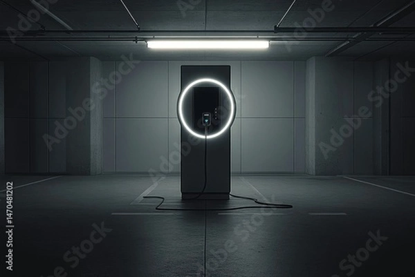 Fototapeta Modern EV charging station in a dimly lit underground parking garage, illuminated by a glowing halo.