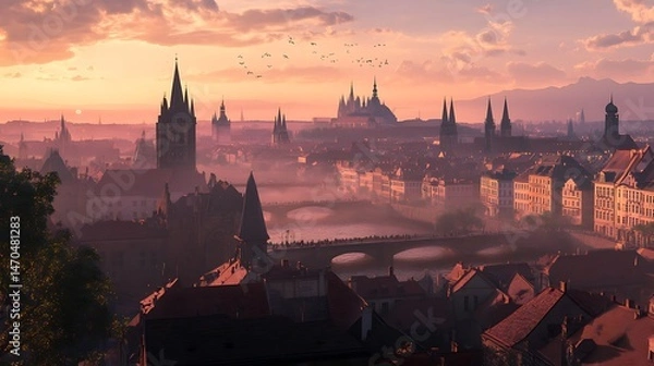 Fototapeta Orange sky over city skyline with passing birds high resolution picture