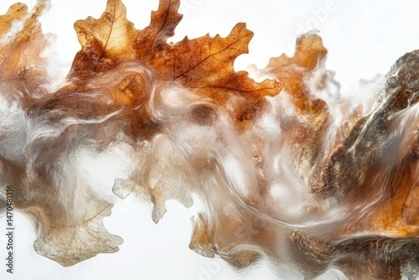 Fototapeta Abstract image of frozen leaves, showcasing swirling patterns and autumnal hues.