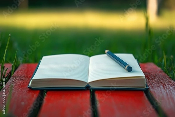 Fototapeta Open notebook with pencil rests on a red wooden bench outdoors, nature background.