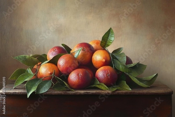 Fototapeta A cluster of ripe blood oranges with lush green leaves rests on a dark wooden surface.