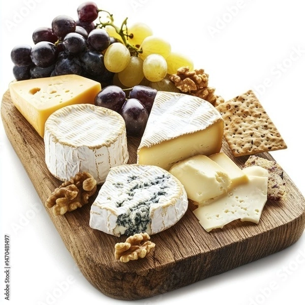 Fototapeta Assortment of cheeses, grapes, walnuts, and crackers arranged on a wooden board.