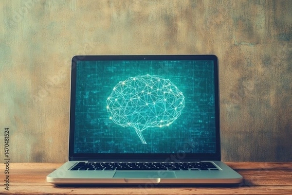 Fototapeta A laptop displays a glowing brain network, symbolizing artificial intelligence and neural networks.