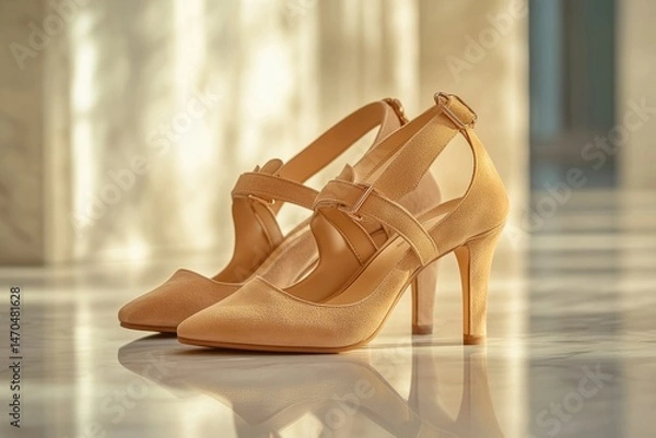 Fototapeta Elegant beige suede high heels with ankle straps and buckles, perfect for special occasions.