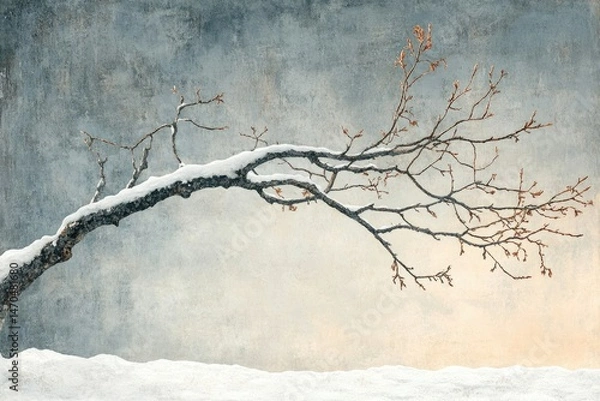 Fototapeta A snow-laden branch arches gracefully against a textured winter sky, evoking serenity and stillness.