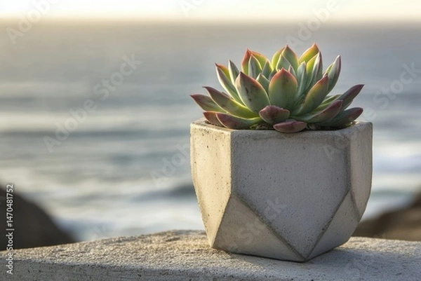 Fototapeta A succulent plant in a geometric concrete pot sits on a wall overlooking the ocean at sunset.