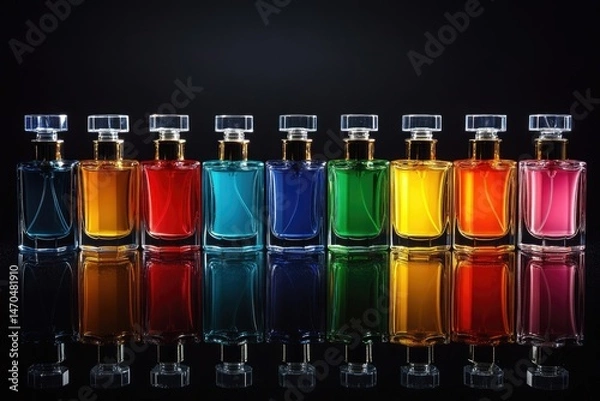 Fototapeta A row of colorful perfume bottles reflects on a dark surface, showcasing vibrant hues and elegant design.