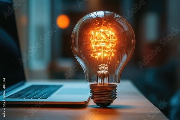 Fototapeta A glowing light bulb rests on a table next to a laptop, symbolizing ideas and innovation.