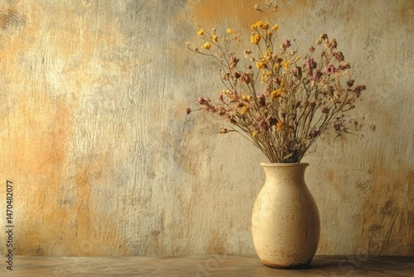 Fototapeta Dried wildflowers in a rustic vase against a textured background, evoking serenity and autumnal charm.