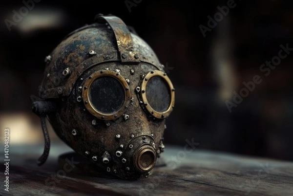 Fototapeta A weathered, antique diving helmet, possibly salvaged from the sea, rests on a wooden surface.