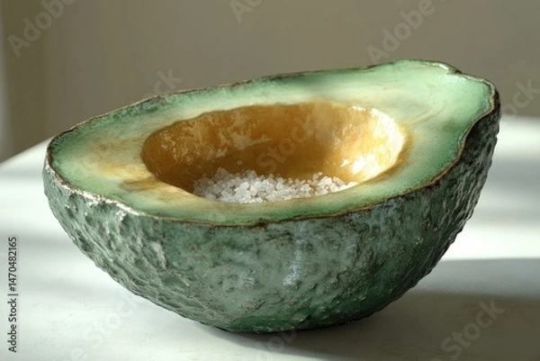 Fototapeta A ceramic avocado-shaped bowl filled with coarse salt, showcasing artistic craftsmanship and unique design.