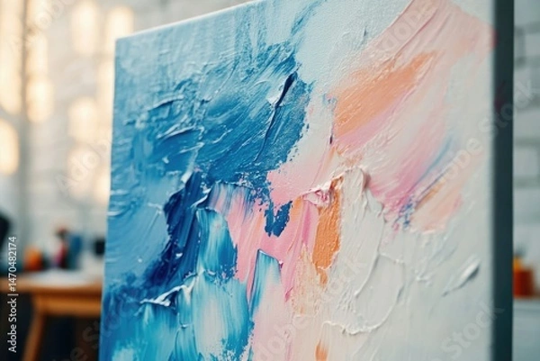 Fototapeta Abstract painting with textured strokes of blue, pink, and white, creating a dynamic and expressive artwork.