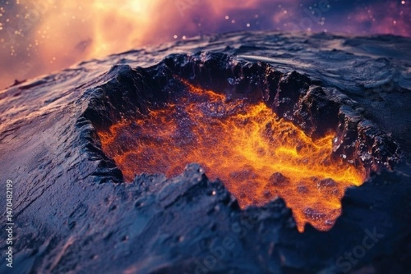 Fototapeta Molten lava flows within a volcanic crater, fiery orange against dark rock, cosmic backdrop.