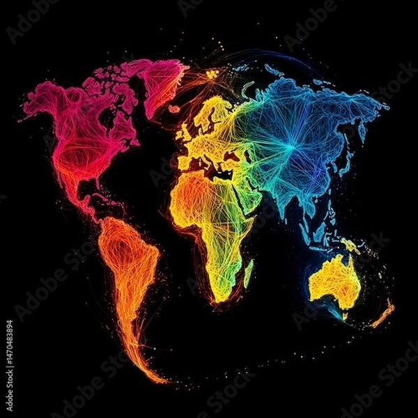 Fototapeta Vibrant interconnected world map illustration against a dark contrasting backdrop