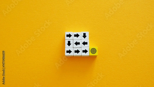 Fototapeta Arrows in a maze leading to a goal. Problem solving.