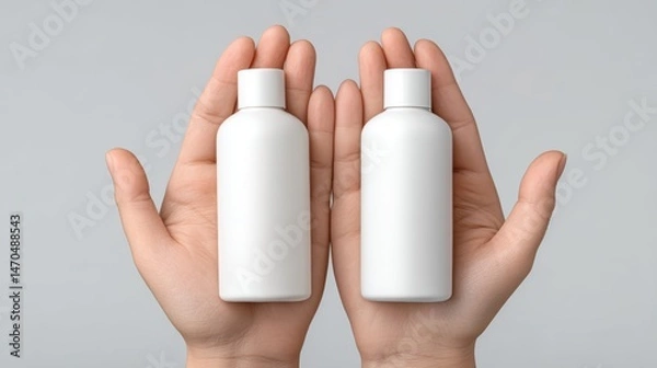 Obraz A pair of hands holding blank white bottles for skincare or lotion, isolated on a white background