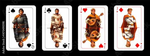 Obraz A set of playing cards jacks of different suits in an original cartoon style. Jacks of cards of different suits with images of young warriors. Vector illustration