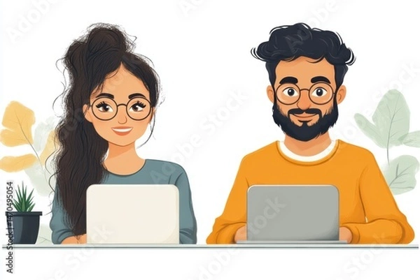 Fototapeta Cartoon illustration of smiling man and woman with laptops working together, casual office or home workspace with friendly atmosphere
