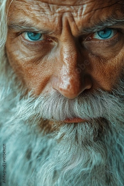 Fototapeta Intense portrait of an elderly man with a long beard  and blue eyes