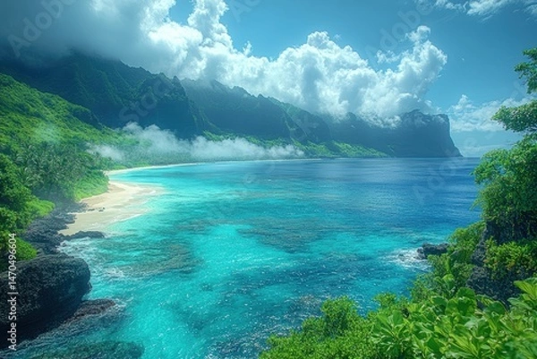 Fototapeta Tropical paradise island in the open sea with mountains and clouds