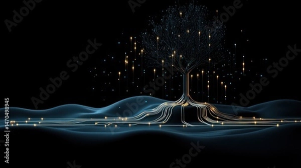 Fototapeta A digital tree displaying glowing nodes and flowing interconnected lines