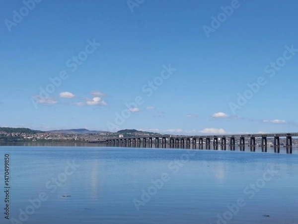 Obraz Rail Bridge, River Tay, from Balmerino, Fife looking towards Dundee, Scotland