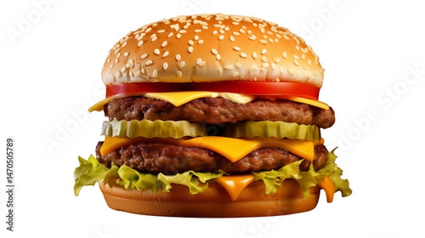 Fototapeta Juicy Double Cheeseburger with Sesame Bun Lettuce Tomato Pickles and Melted Cheese on Black Background