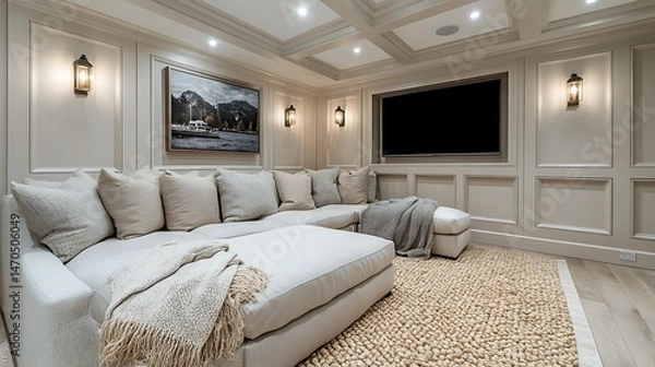 Fototapeta Elegant transitional media room featuring custom tufted sectional and cozy lighting high resolution photo
