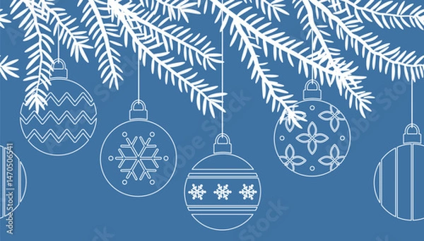 Fototapeta Christmas Seamless Border. Holiday Banner. Fir Tree Branches with Christmas Ball Ornaments. Merry Christmas Happy New Year Design. White Silhouettes on Blue Background. Vector Illustration