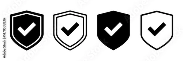 Obraz Security Shield with Check Mark. Black and White Icons for Verified Protection, Data Safety, Trust Badge, Antivirus, Secure Access and Approved Web Security Concepts