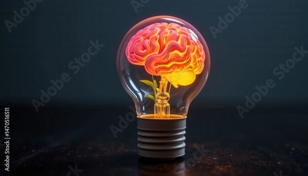 Fototapeta Light Bulb with Growing Plant and Red Brain, Illuminated on Black Surface