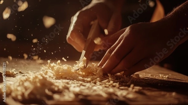 Obraz Craftsmanship shines through skilled hands in a peaceful woodworking workshop, where fine wooden shavings come to life under the touch of a chisel in warm natural light