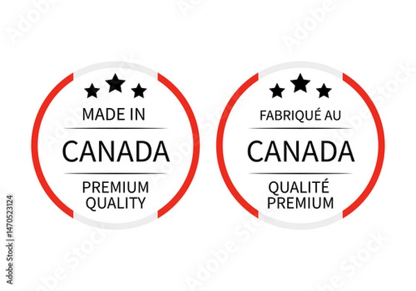 Fototapeta Made in Canada round labels in English and in French languages. Quality mark vector icon. Perfect for logo design, tags, badges, stickers, emblem, product package, etc.