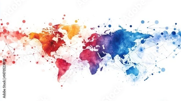 Fototapeta Global Network Connection Watercolor Map - Watercolor world map illustrating global interconnectedness and networking. Vibrant colors and subtle lines depict a connected world
