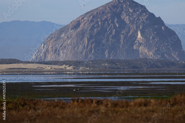 Fototapeta Morro Rock in distinctive view from overlook of Morro Bay in Sweet Springs Nature Preserve in Southern California
