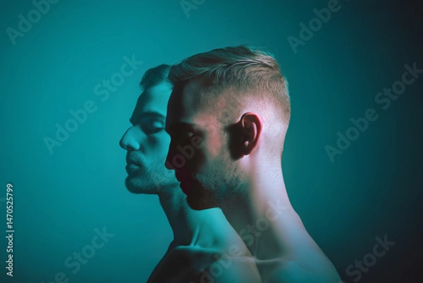 Fototapeta Duality Portrait: A striking portrait showcasing a man's profile with a mirrored silhouette overlayed, enhanced with teal and blue artistic lighting, evoking a sense of introspection, identity.