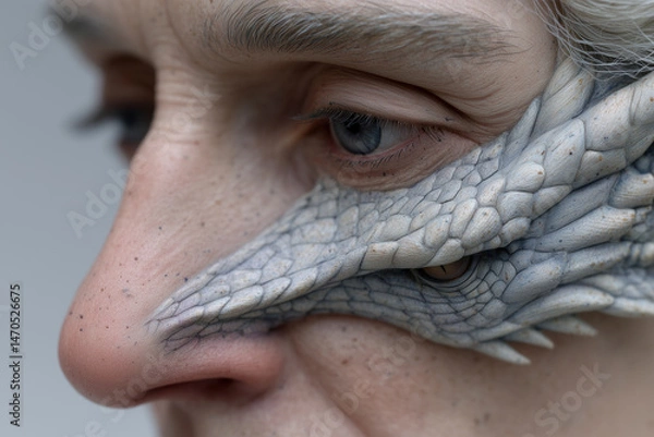 Fototapeta Human Face Partially Covered by Grey Scaled Appendage