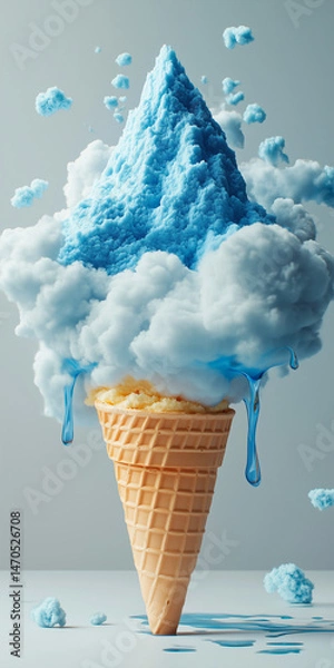 Fototapeta Ice Cream Cone with Blue Cloud-like Substance and Droplets